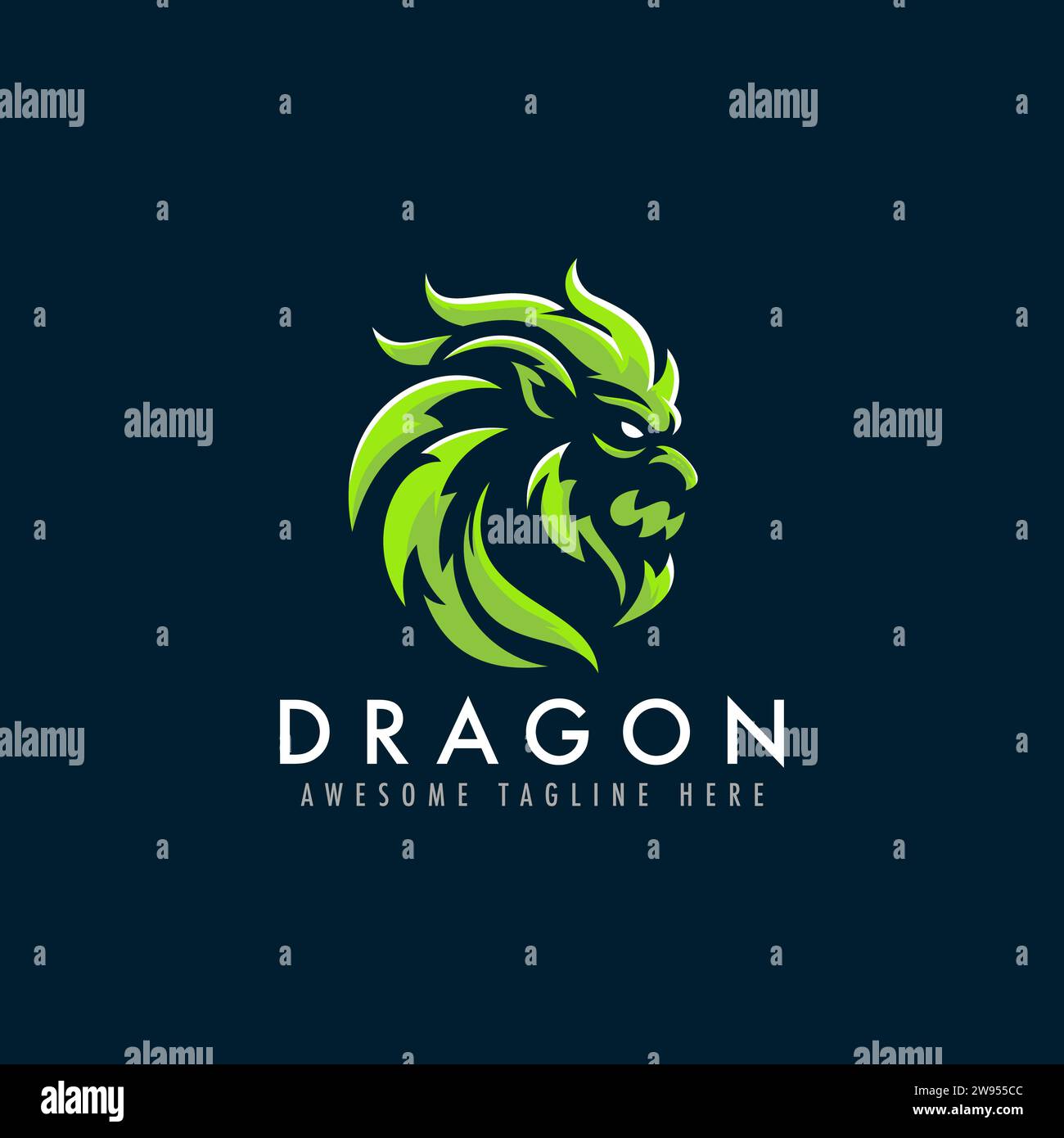 Green dragon head vector logo illustration. Mythical creature mascot