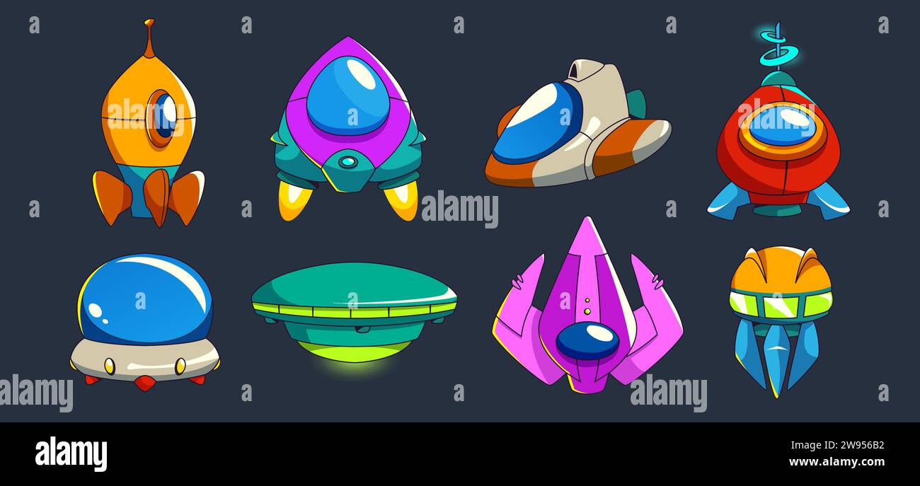 Spaceship and alien ufo ui game vector cartoon set. Fantasy galaxy icon ...