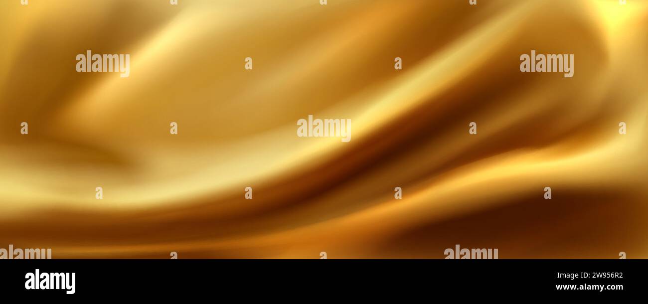 Golden silk fabric liquid texture. Realistic vector background of satin glossy cloth with abstract waves and ripples. Luxury soft smooth gold colored Stock Vector