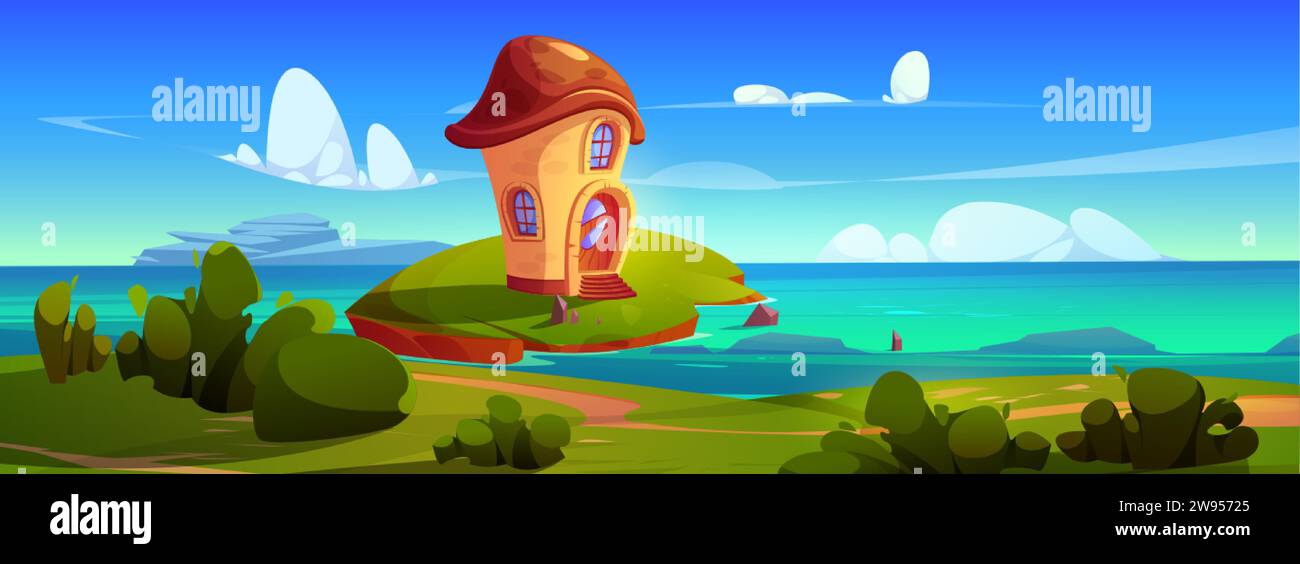 Gnome mushroom house on sea island. Vector cartoon illustration of fairytale scenery, fantasy dwarf hut with porch and round windows on land with gree Stock Vector