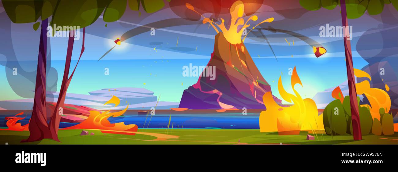 Volcano eruption with lava flow. Vector cartoon illustration of prehistoric volcanic island, hot magma pouring from crater, fire burning in forest, ho Stock Vector