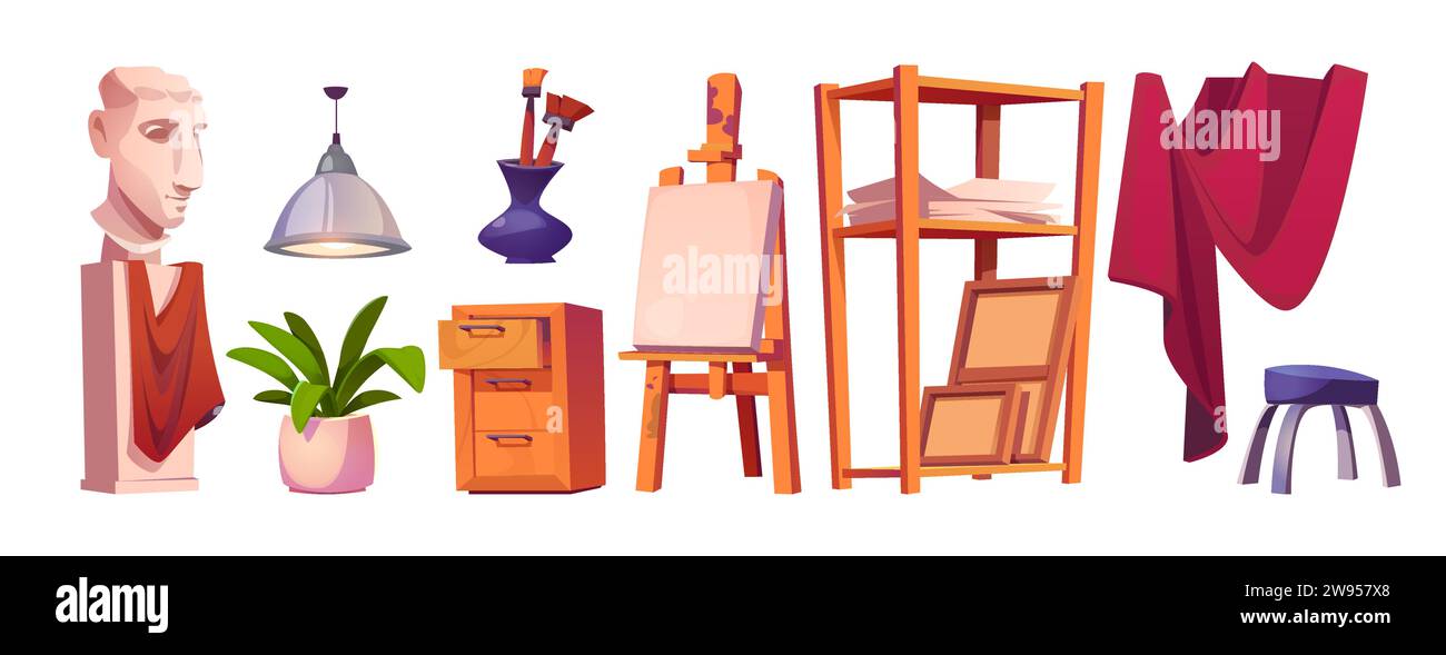 Artist or sculptor workshop design elements set isolated on white background. Vector cartoon illustration of art studio equipment, framed canvas on ea Stock Vector