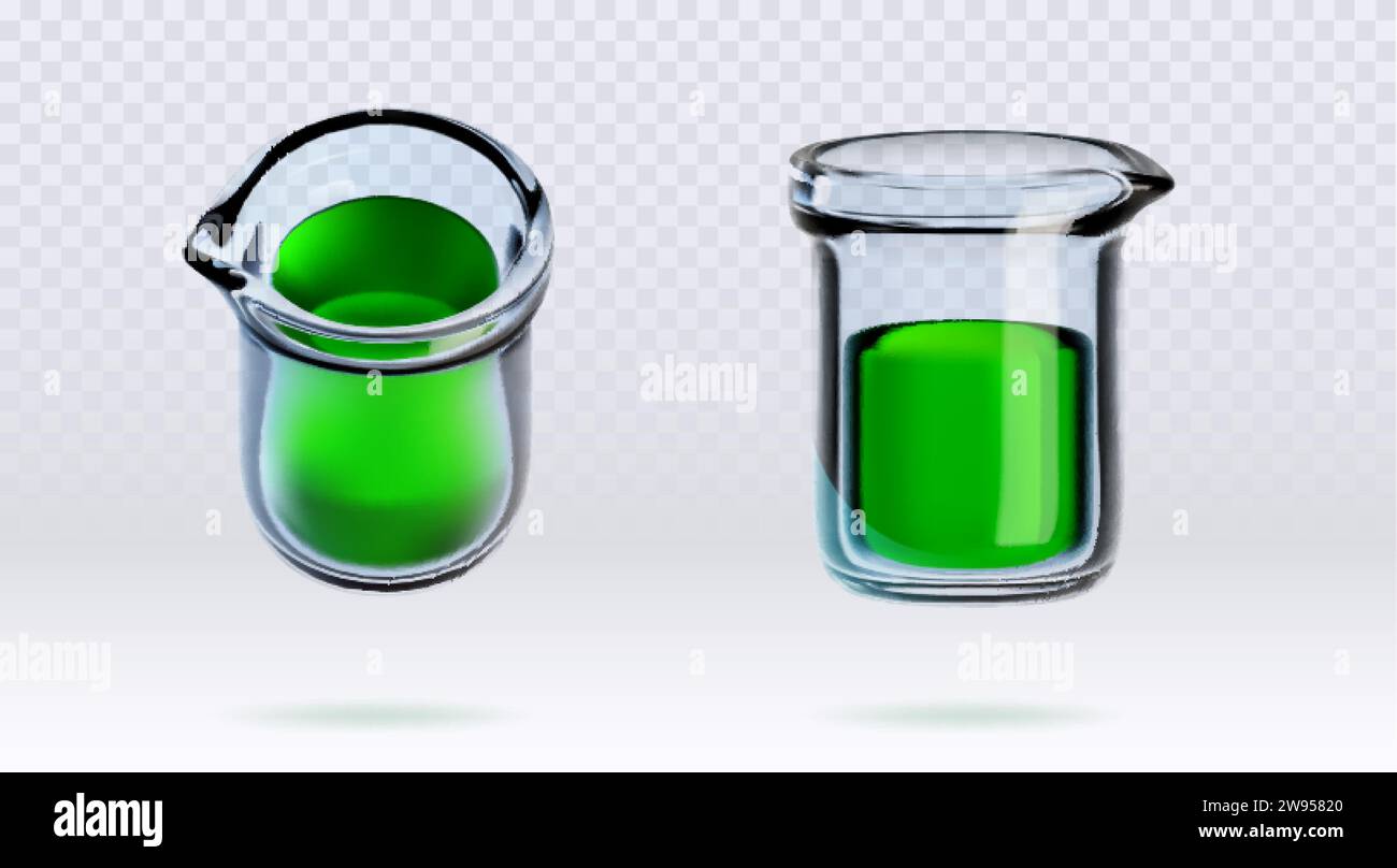 Chemistry laboratory glass beaker flask for test. 3d isolated vector lab tube container with green liquid chemist icon. Medical pharmacy realistic cyl Stock Vector