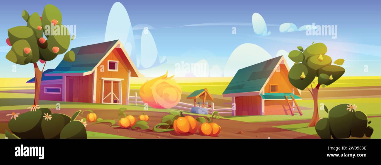 Village farm with barn and haystack. Vector cartoon illustration of rural landscape, green field under sunny sky, pumpkin harvest in vegetable garden, Stock Vector
