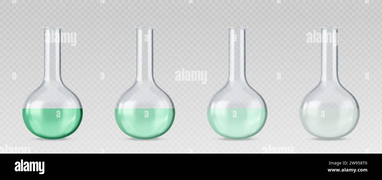 Chemistry measuring glass beakers filled with liquid from green to transparent color. Realistic set process of discoloration and purification in round Stock Vector