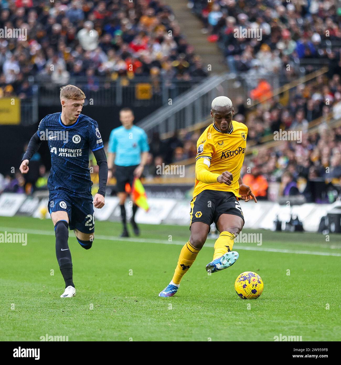 Wolverhampton, UK. 24th Dec, 2023. Chelsea's Cole Palmer & Wolves' Toti in action during the Premier League match between Wolverhampton Wanderers and Chelsea at Molineux, Wolverhampton, England on 24 December 2023. Photo by Stuart Leggett. Editorial use only, license required for commercial use. No use in betting, games or a single club/league/player publications. Credit: UK Sports Pics Ltd/Alamy Live News Stock Photo