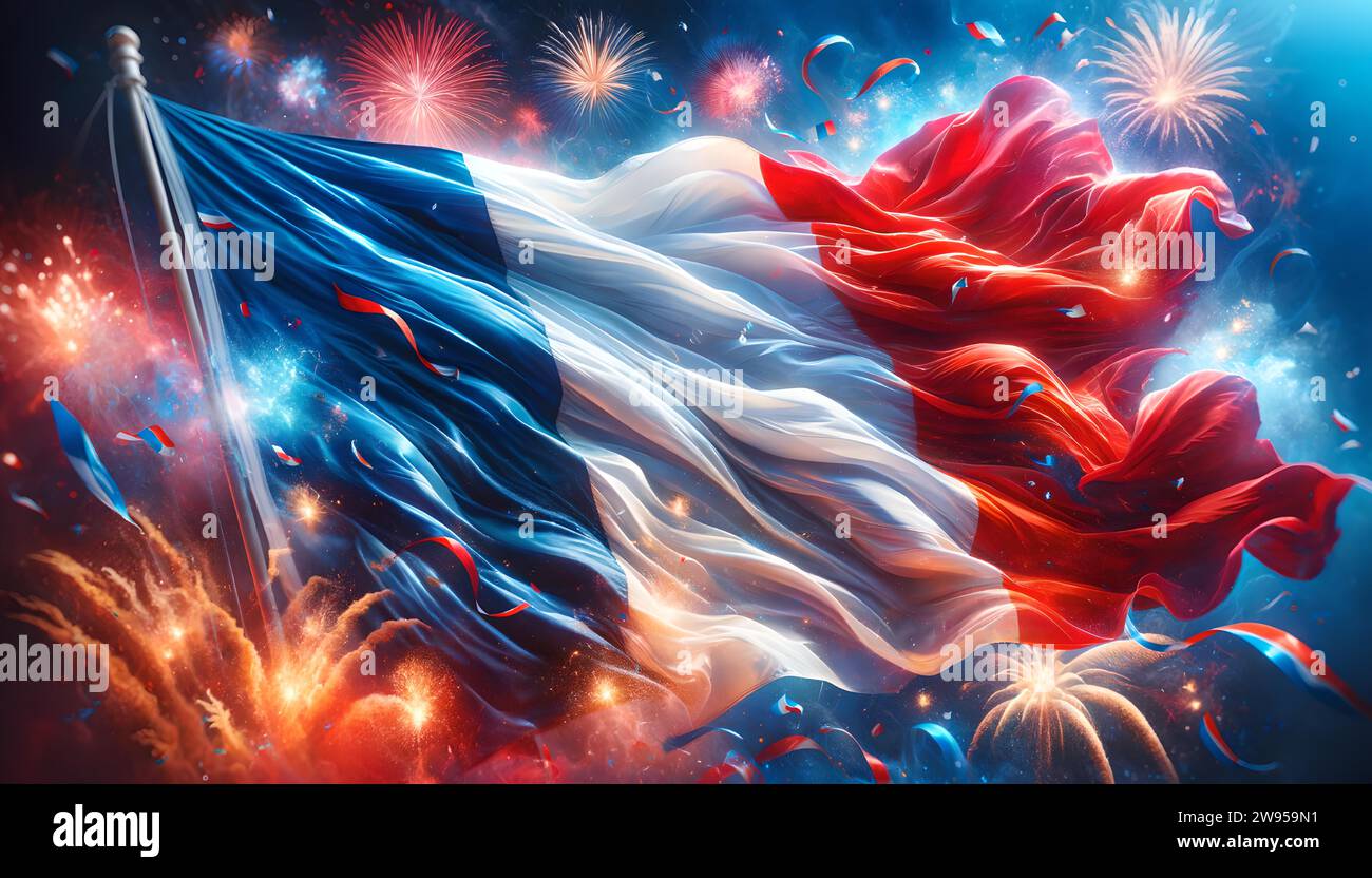 Full-page close-up of the billowing French flag, artistically overlaid with colorful fireworks, capturing the essence of a national celebration Stock Photo