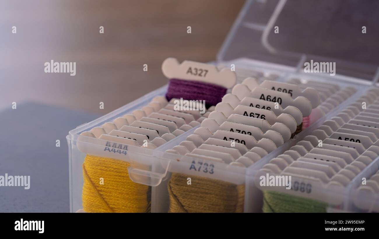 Close-Up of Colorful Crafting Threads in Plastic Box with Selective Focus Stock Photo