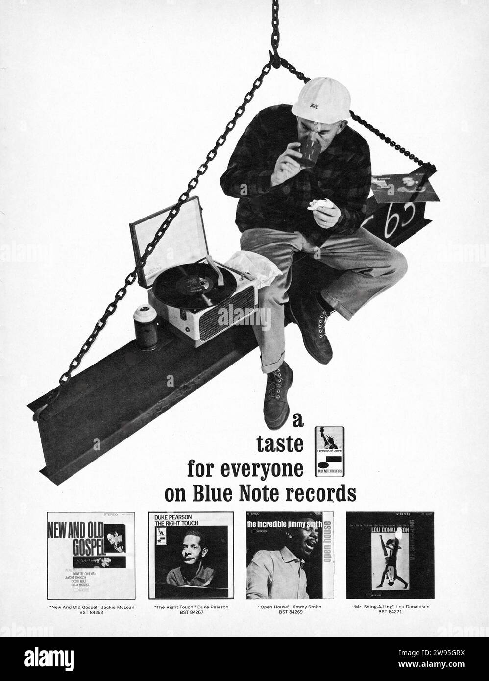 An advertisement for Blue Note records replicating the famous photo of construction workers called Lunch Atop a Skyscraper. From a 1960s music magazine. Stock Photo