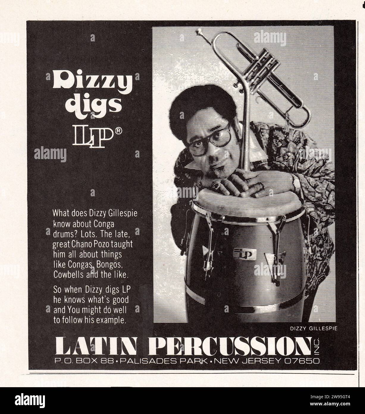 A mid 1970s ad for LP, Latin Percussion featuring jazz great, Dizzy Gillespie. It claims Diz learned all about Latin percussion instruments by working with Chano Pozo. Stock Photo