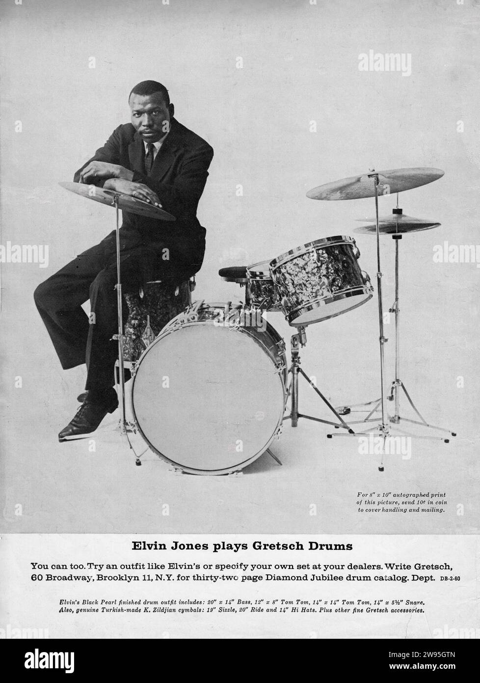 A full page ad for Gretsch Drums from a 1960's American music magazine featuring jazz drummer Elvin Jones. From a mid 1960s music magazine. Stock Photo