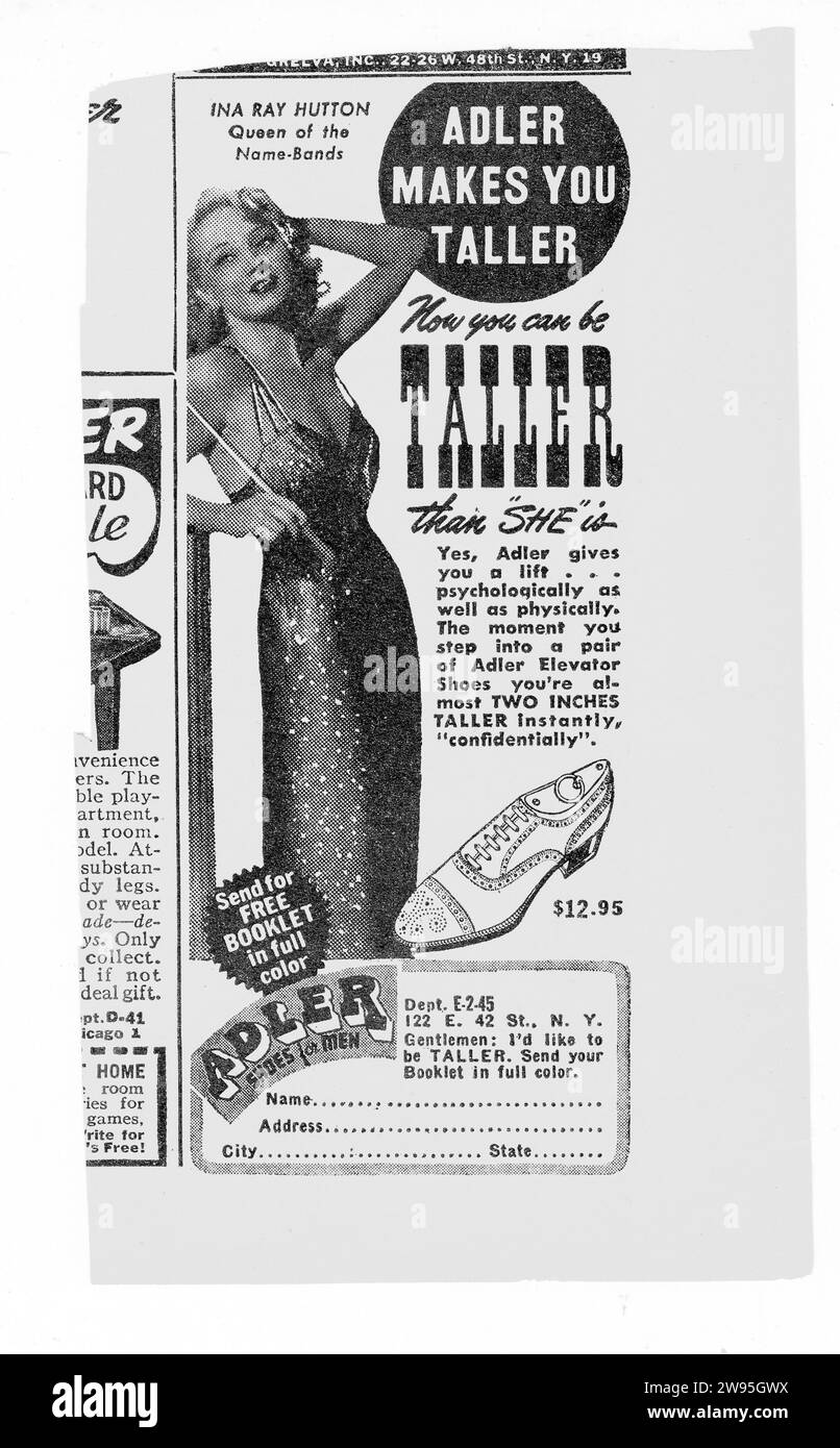 An advertisement from a 1945 men's magazine for Adler shoes for men which makes wearers taller. Now they're called elevator shoes. They're endorsed by singer and band leader Ina Ray Hutton. Stock Photo