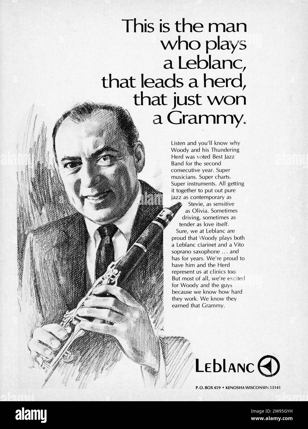 An ad from a mid 1970s music magazine with big band leader and star Woody Herman endorsing Leblanc clarinets. Stock Photo
