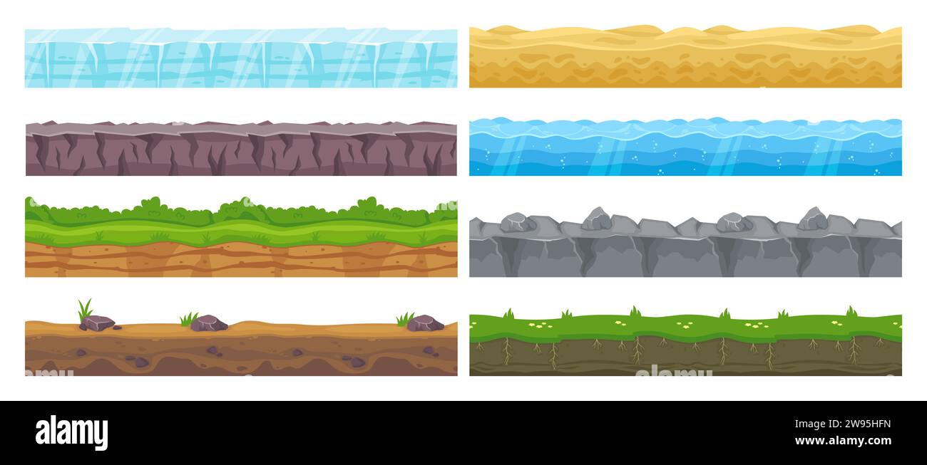 Seamless landscape borders. Endless different types surfaces. Parallax effect elements. Rocks and soil layers. Ice and desert sand. Meadow grass Stock Vector