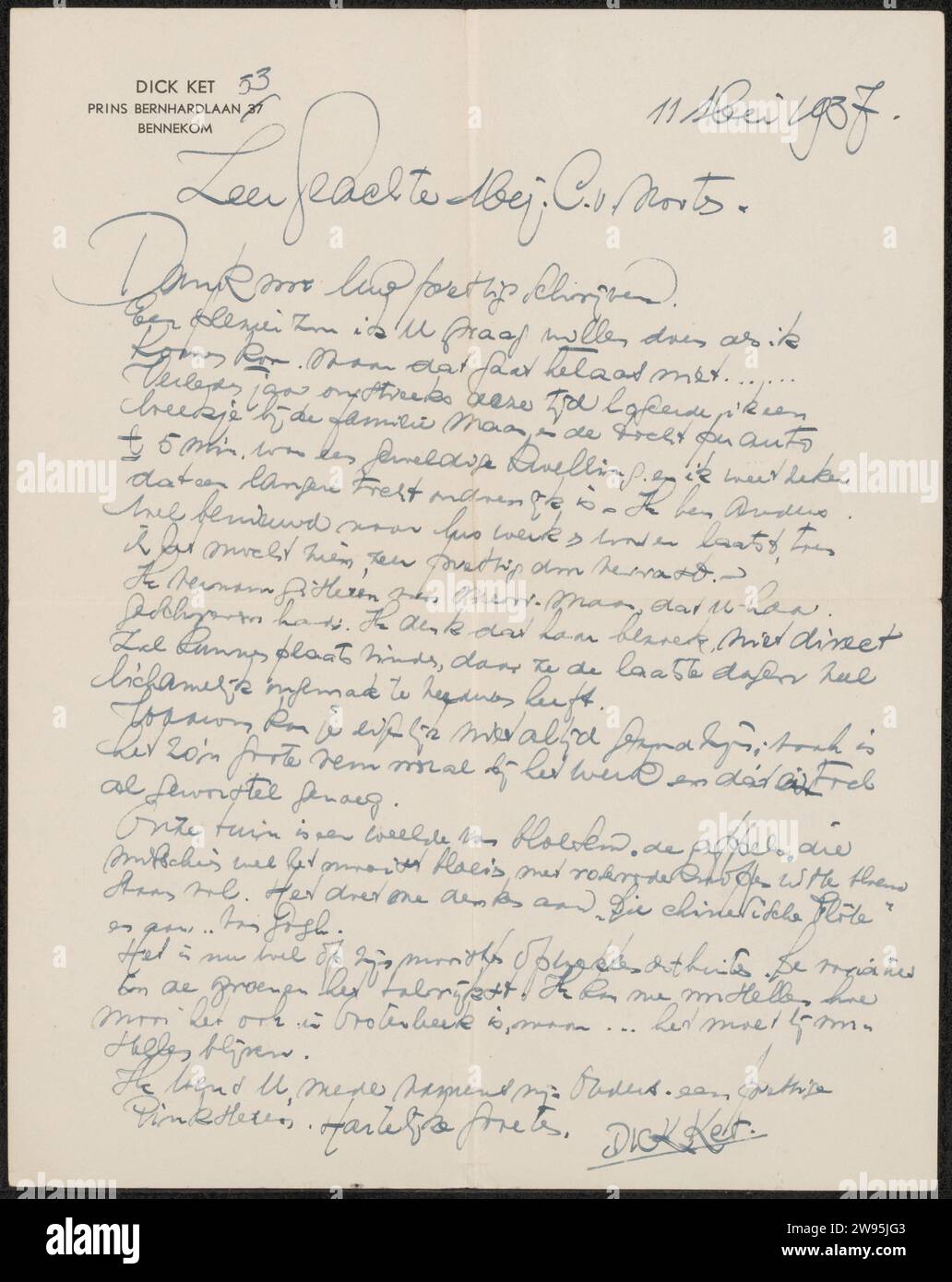 Letter to Mien Cambier van Nooten, Dick Ket, 1937 letter Bennekom paper ...