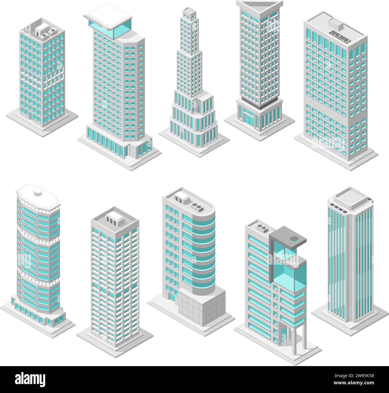 Isometric office urban buildings. Modern district architecture with skyscrapers. 3d simple apartments houses, downtown building, flawless vector set Stock Vector