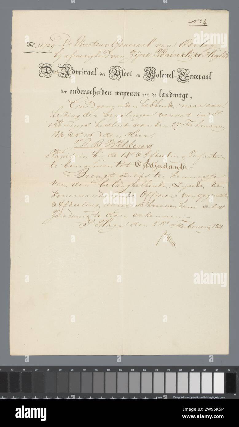 Appointment of J.D.B. Wilkens, captain in the 14th section of the infantry, as adjutant, 23 February 1831, Department of War, 1831 letter Part of a group of documents concerning the state of service, appointments, etc. by Lieutenant Colonel of the infantry J.D.B. Wilkens. Belonging to the donation of the painted portrait. Netherlands paper. ink manuscript / pen military service Netherlands Stock Photo