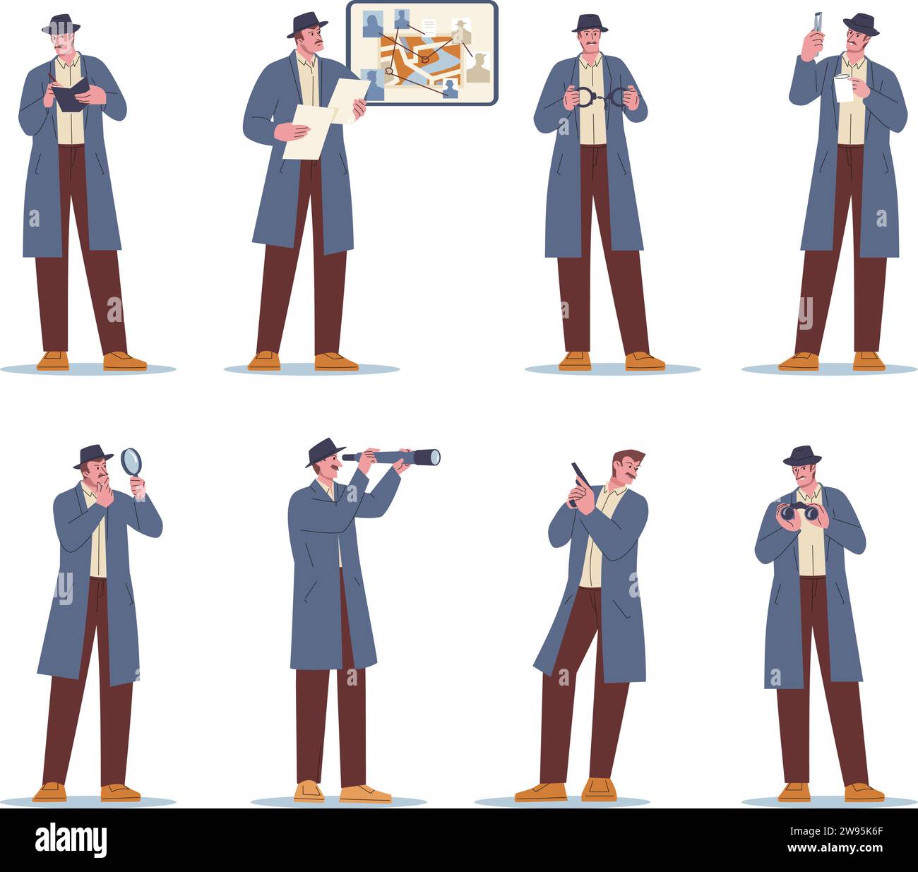 Private investigator wear coat and hat. Detective looking magnifying glass, find evidence and has investigation. Cartoon brave agent, kicky vector Stock Vector