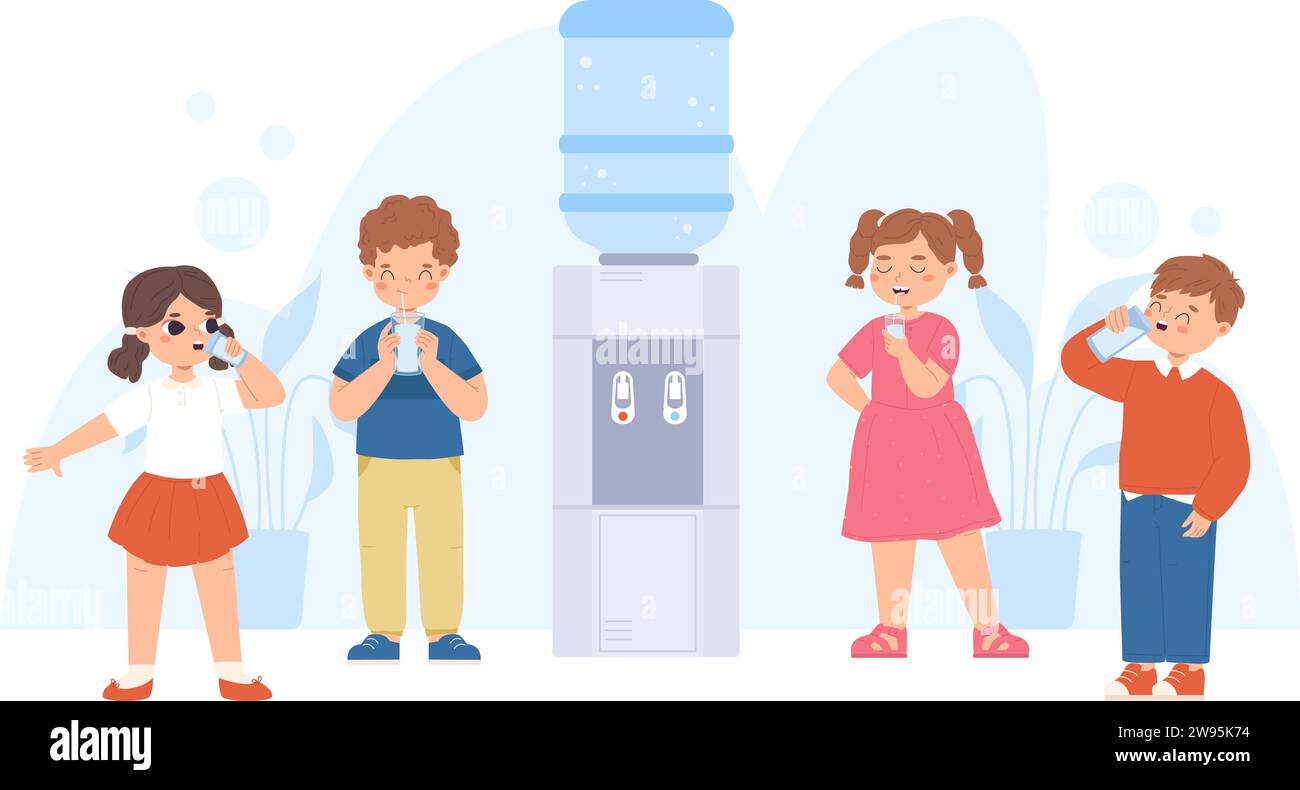 Children drinking water from cooler. Cute cartoon kids with glasses
