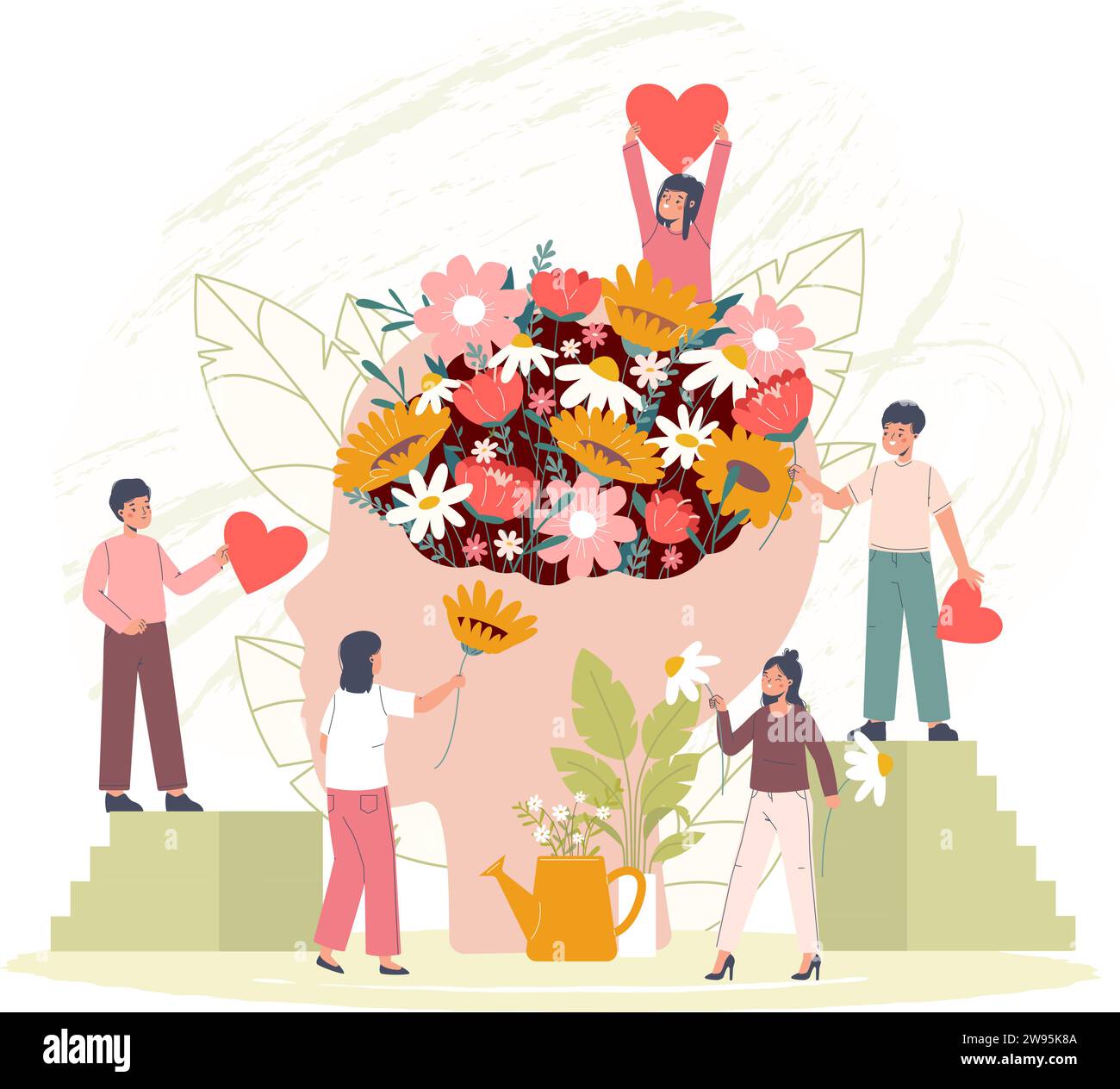 Brain health care. Young people, teenagers caring about mind. Recovery mental health with love, support and flowers. Positive thinking snugly vector Stock Vector