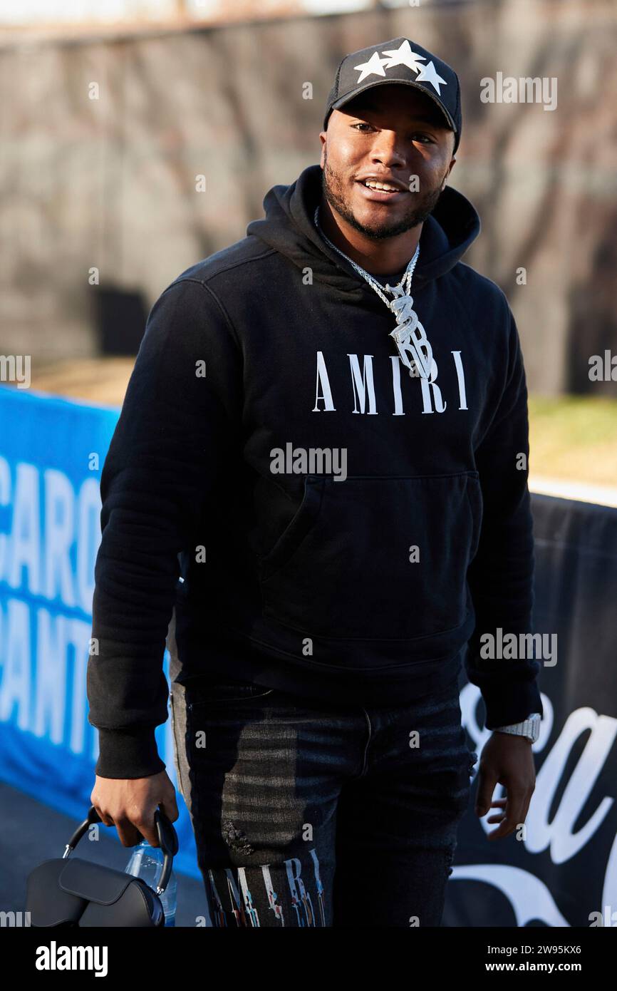 Carolina Panthers running back Raheem Blackshear (3) arrives at Bank of America Stadium prior to