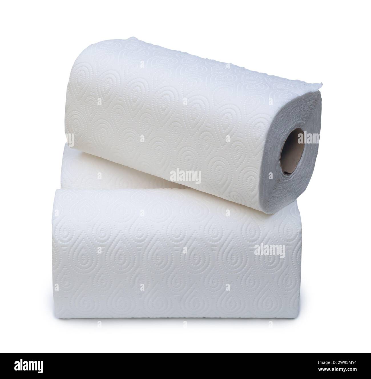 Long and large tissue paper rolls in stack are isolated on white