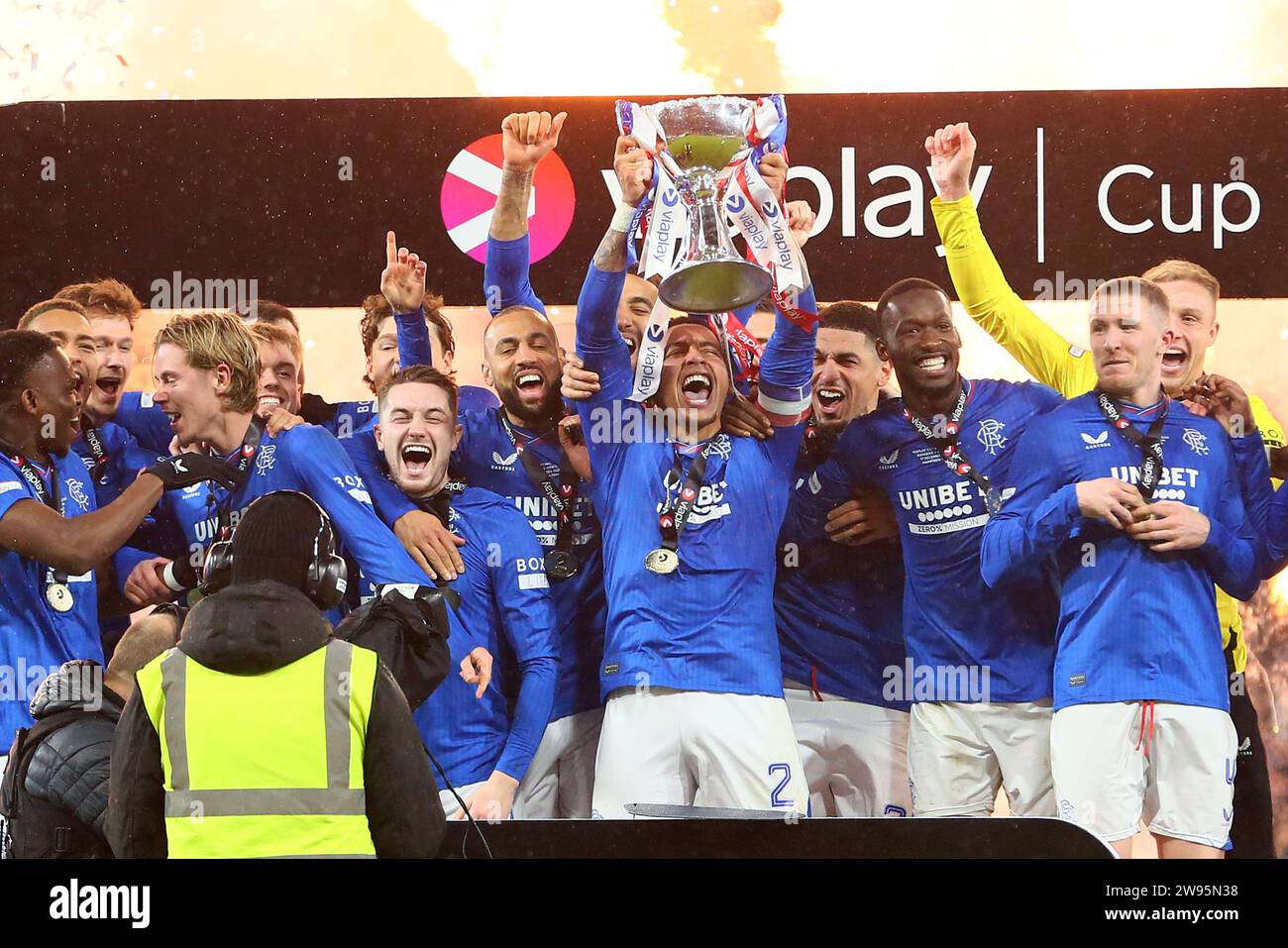 James Tavernier, captain of Rangers fc, accepting the Viaplay Cup for the Scottish League, at Hampden Park, Glasgow, Scotland on 17 December 2023, Stock Photo