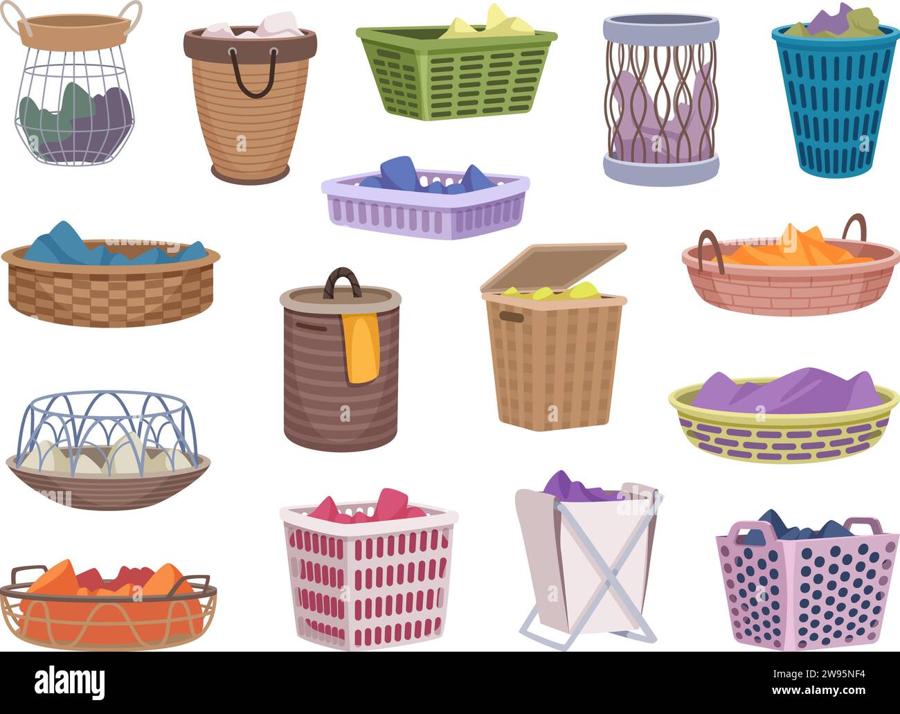 Bin for clothes. Baskets for laundry room dirty clothes exact vector pictures in colored style