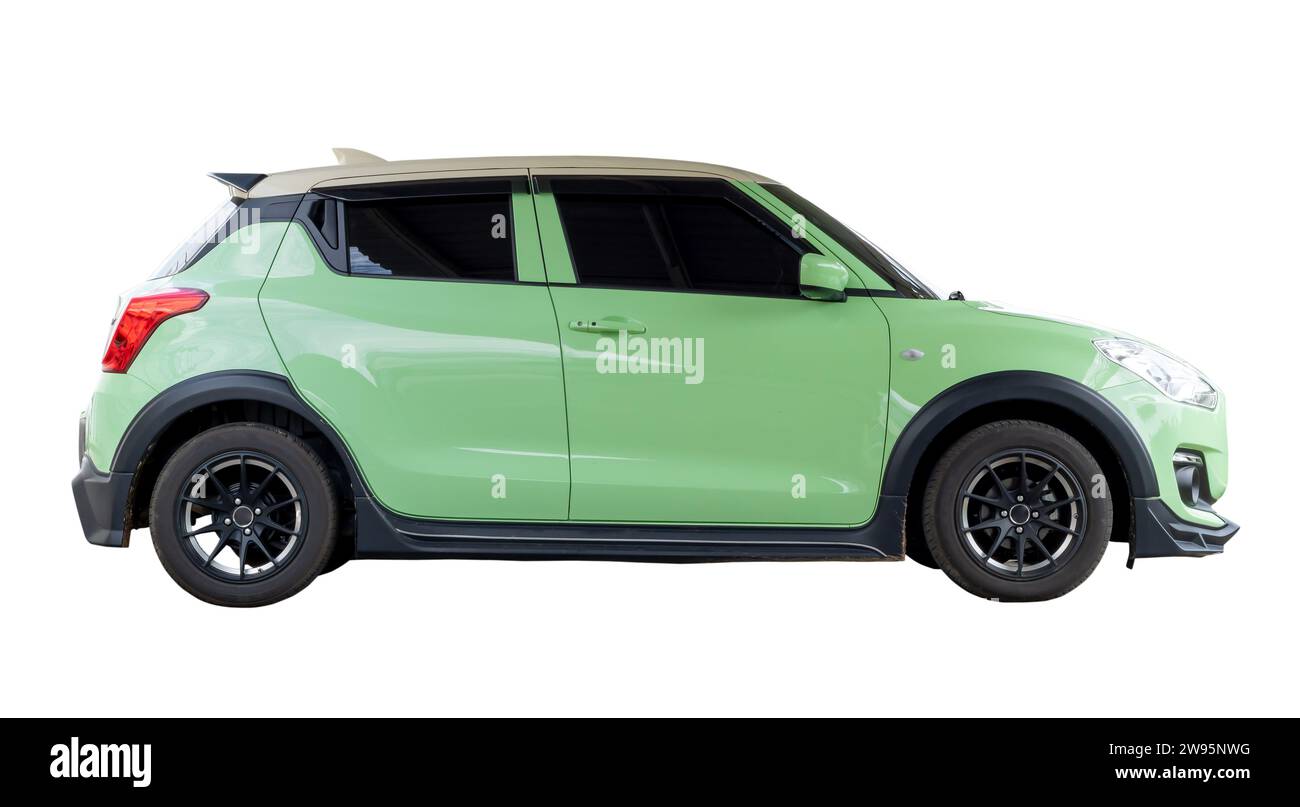 Single lovely small light green car or mini car is isolated on white background with clipping path. Stock Photo