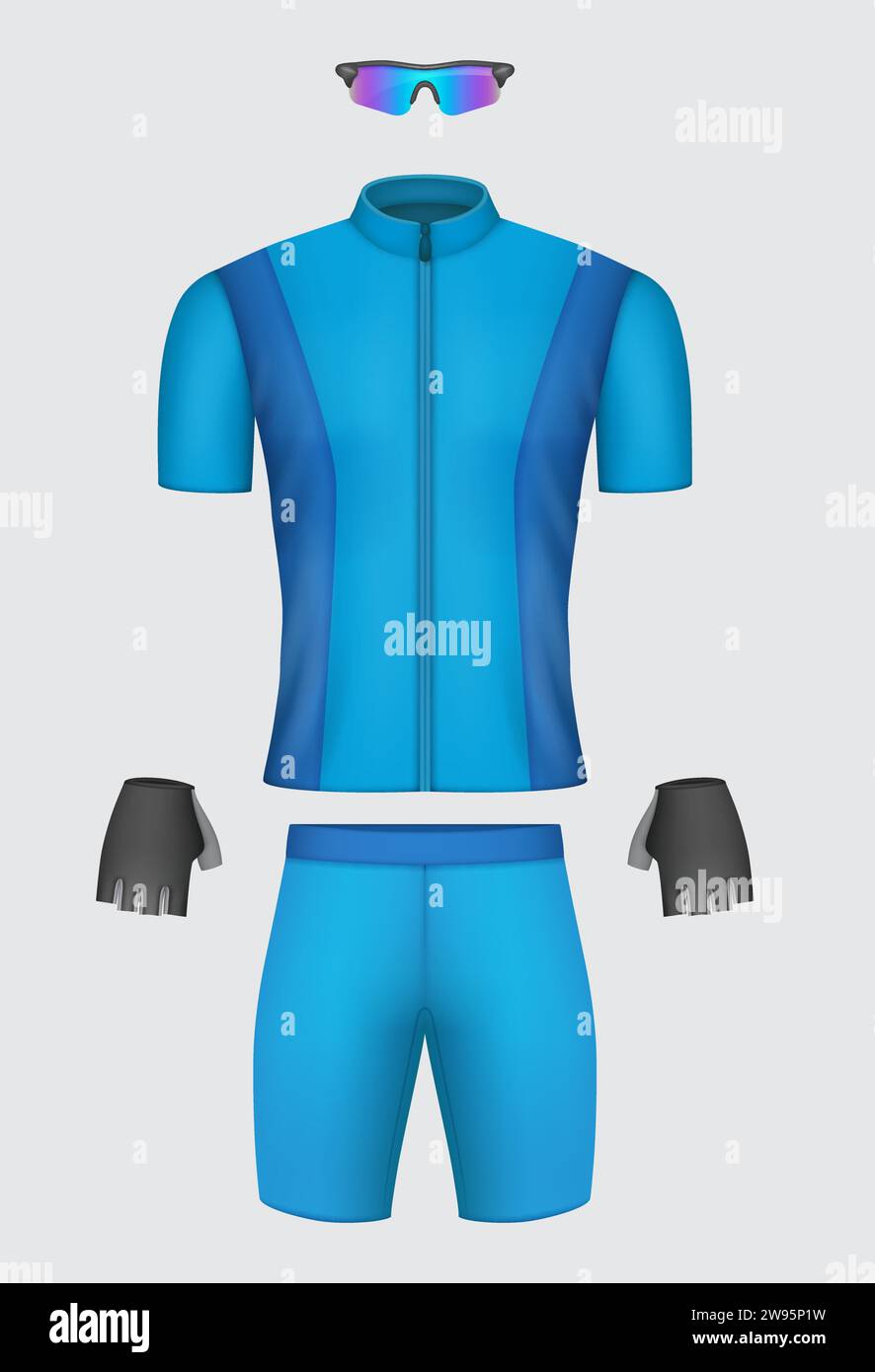 Cycling uniform. Realistic set of sport clothes for cyclists decent vector fitness wear Stock Vector