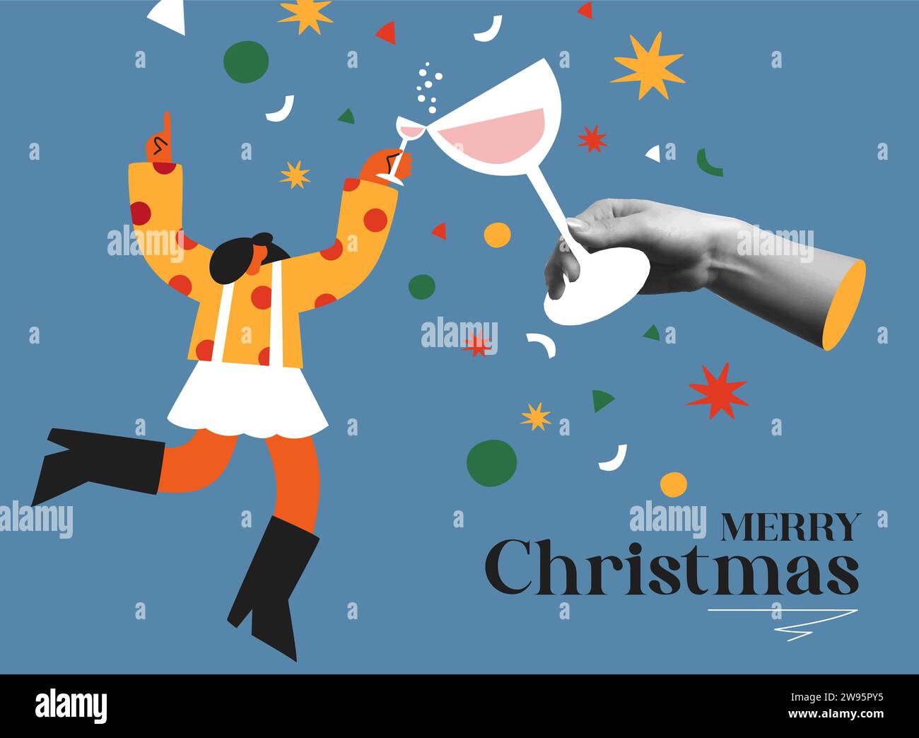 Merry Christmas and happy New Year greeting card vector design. Hands toasting with wine glasses for holiday celebration. Trendy halftone collage mixe Stock Vector