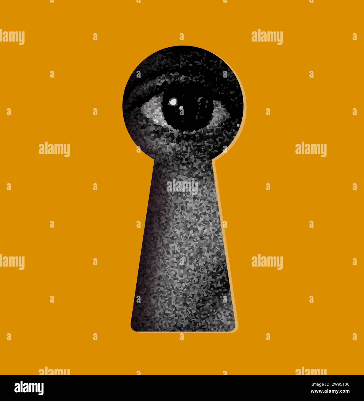 90s trendy art collage, human eye looking through keyhole. Design concept for curiosity, stalker, security, voyeurism and surveillance Stock Vector