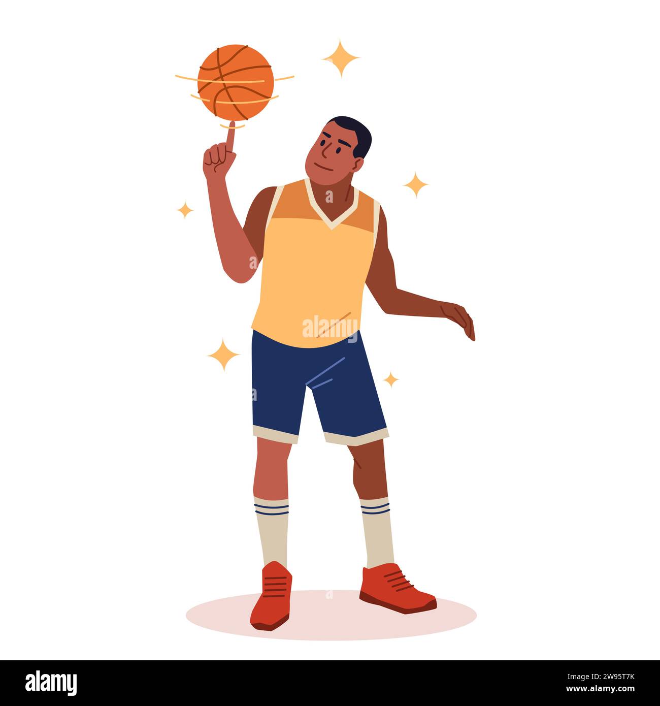 Man basketball player, spinning ball on his finger. Professional male athlete in shorts and t-shirt. Sportsman training, active position. Cartoon flat Stock Vector