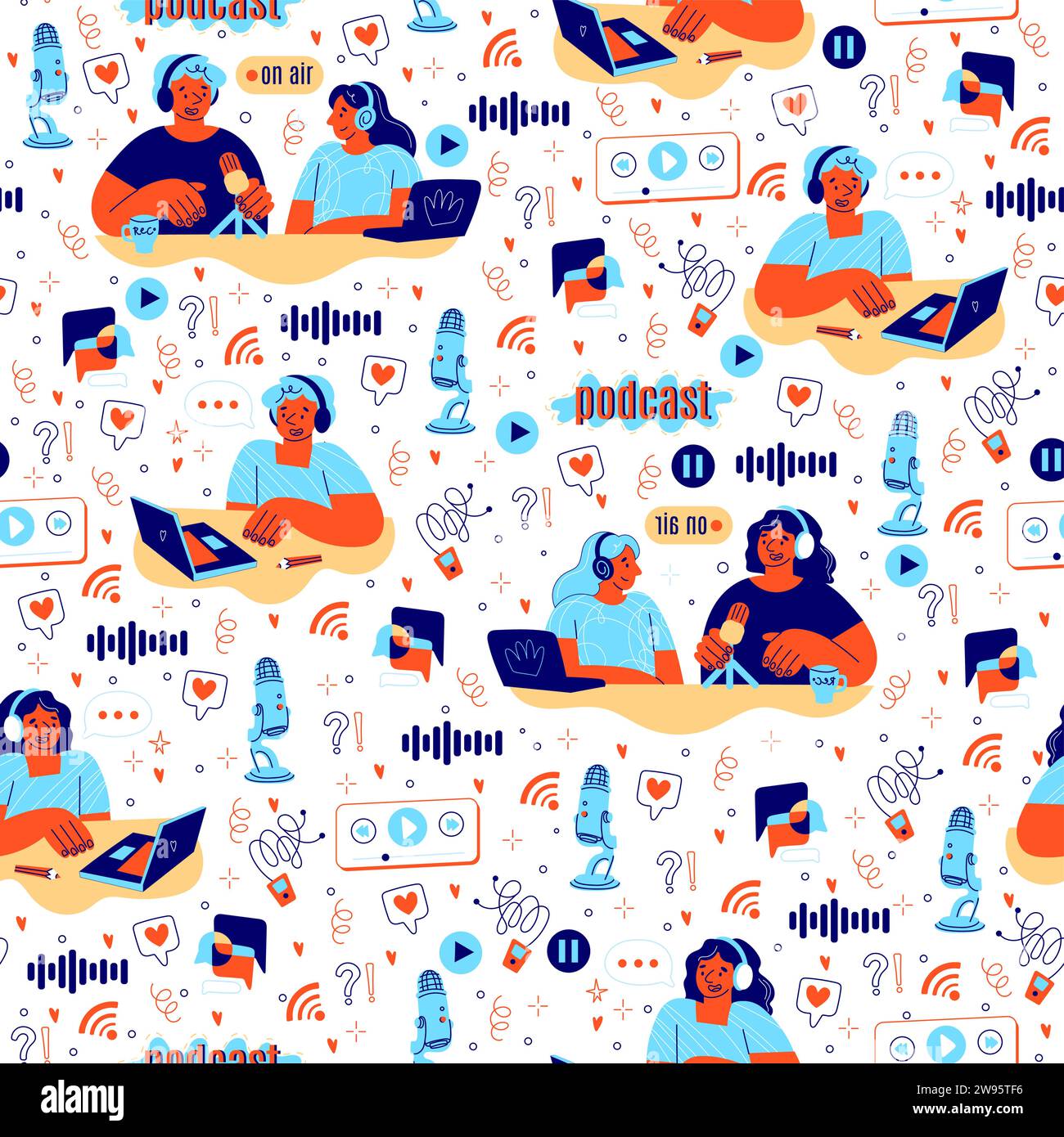 Seamless pattern with radio podcasts. Listening and recording interview. Video blogger. People with microphone. Decor textile, wrapping paper Stock Vector