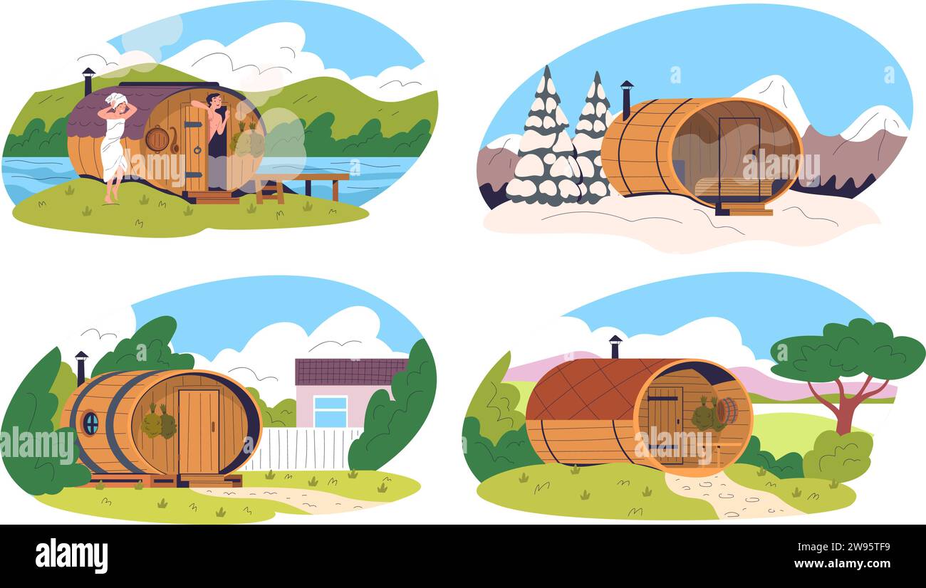 Barrel sauna. Wellness outside banya wooden spa cabin in nature