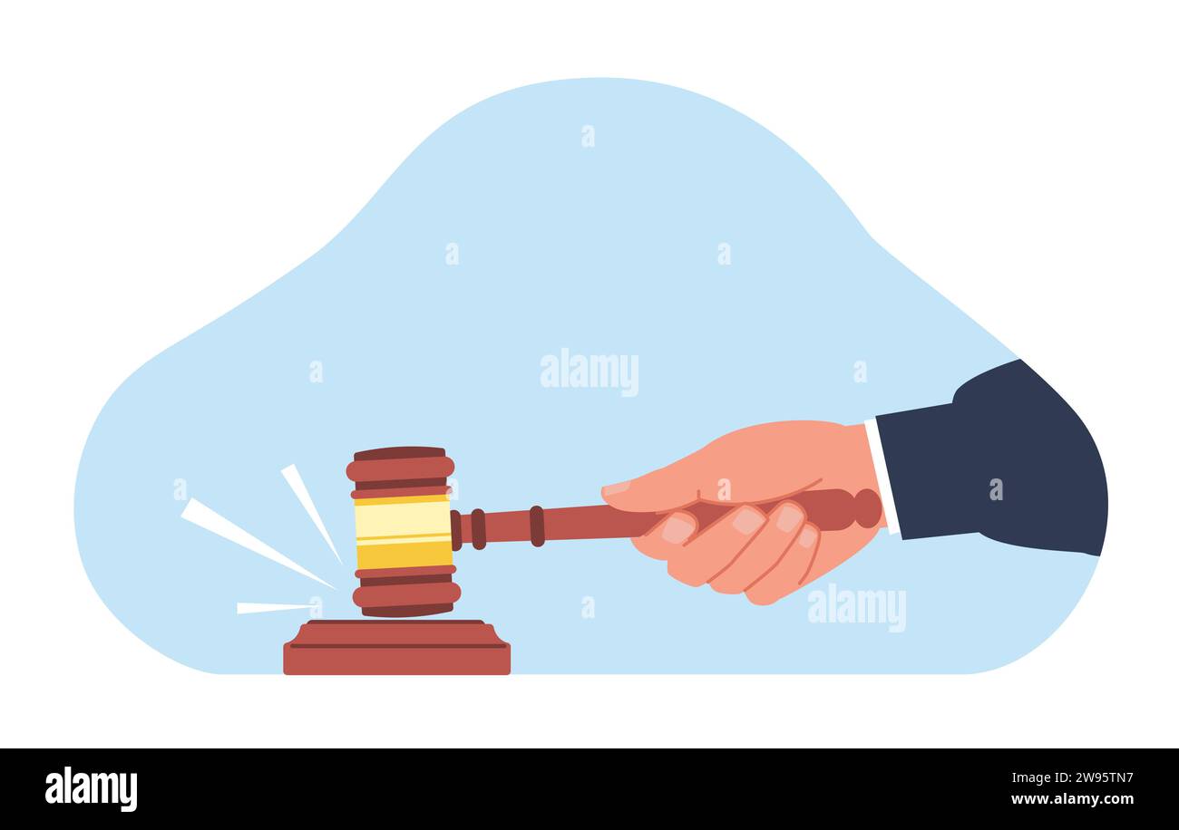 Judges hand holding gavel to pronounce verdict. Human arm with wood