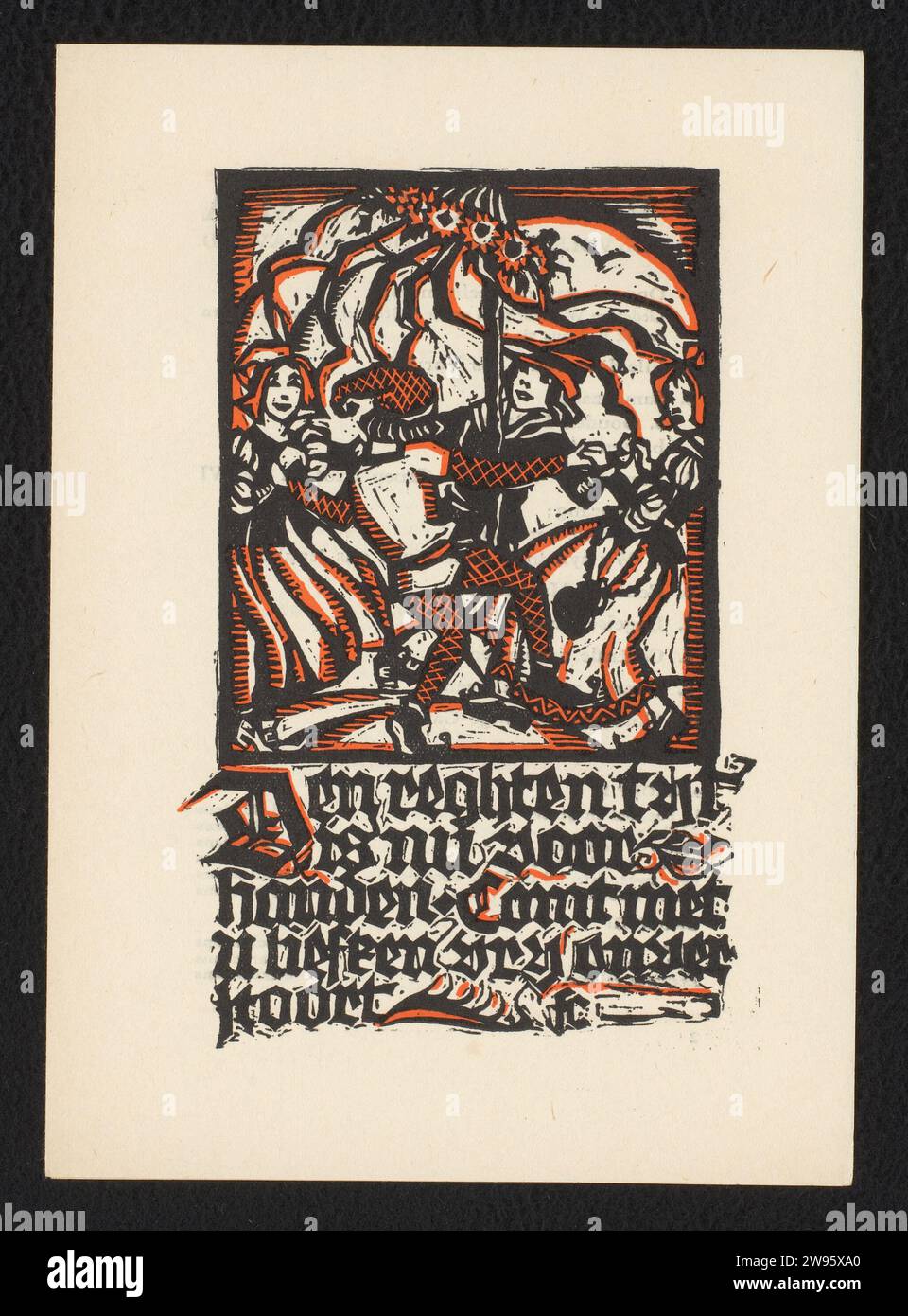 Program of the folk dance and folk singing evening, 'A.J.C. - Amsterdam department, Fré Cohen, Before 1930 print Two men and two women dance around a May tree. Below that the text: 'The Reghten Tijt is now available. Comt with you [...] fairly unbridled '. Twice folded sheet with the program of the day, the order of the dances and lyrics of some songs. The day took place on March 3, 1930 in the Concertgebouw of Amsterdam.  paper letterpress printing folk dancing (men and women together). dancing around the maypole concert hall Stock Photo