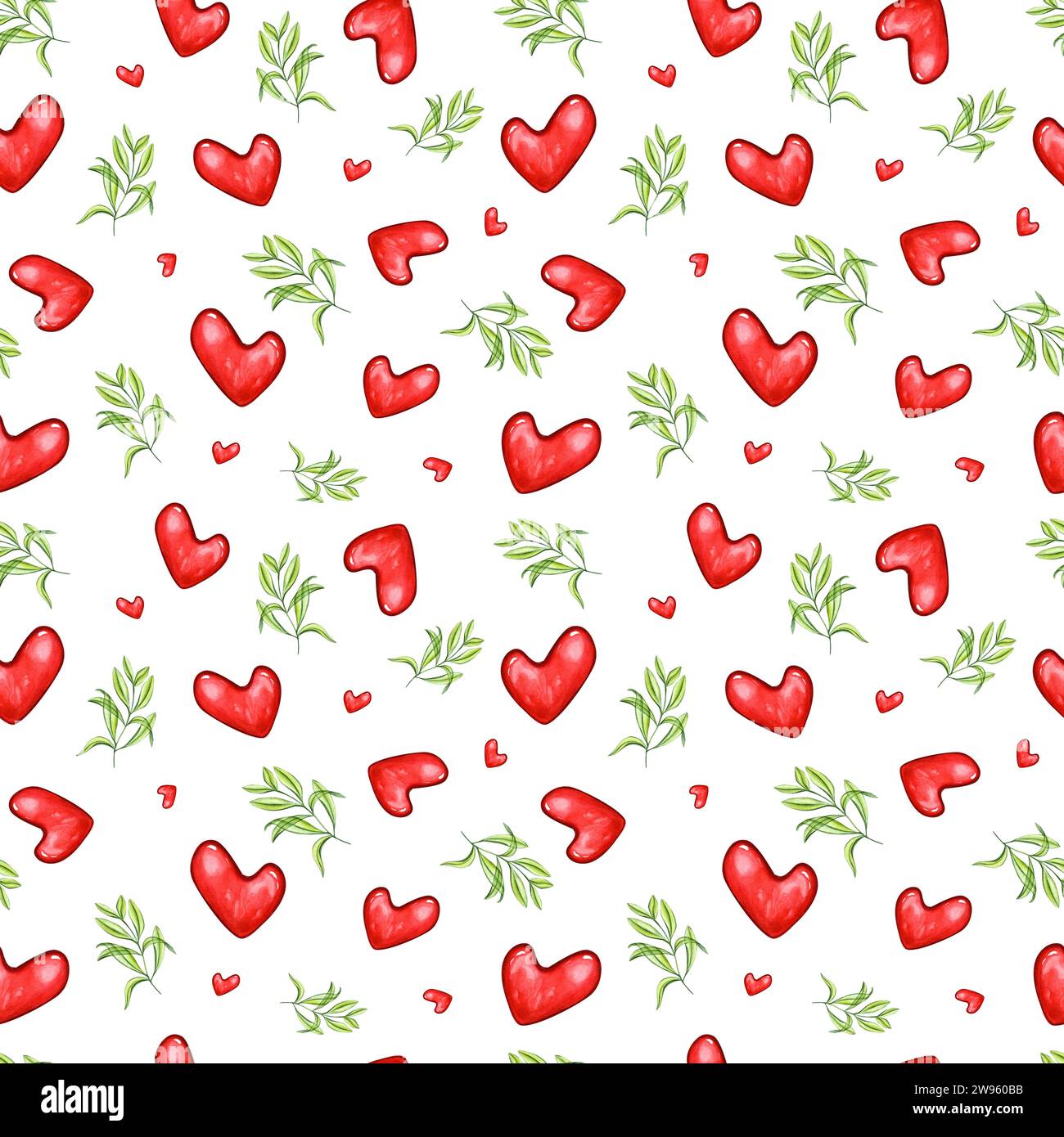 Spring seamless pattern with red hearts and fresh green plants. Floral ornate in transparent style. Watercolor illustration of romance heart. Stock Photo