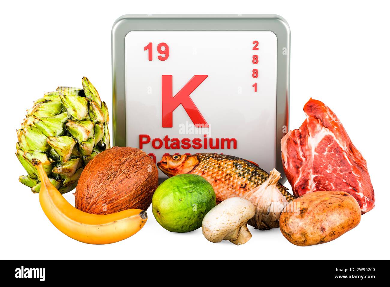 Products containing K Potassium, 3D rendering isolated on white ...