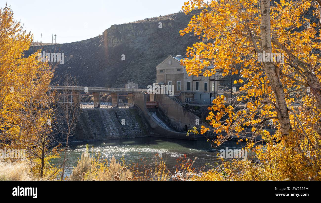 Cottonwood trees in autumn colors at the iconic Boise dam Stock Photo