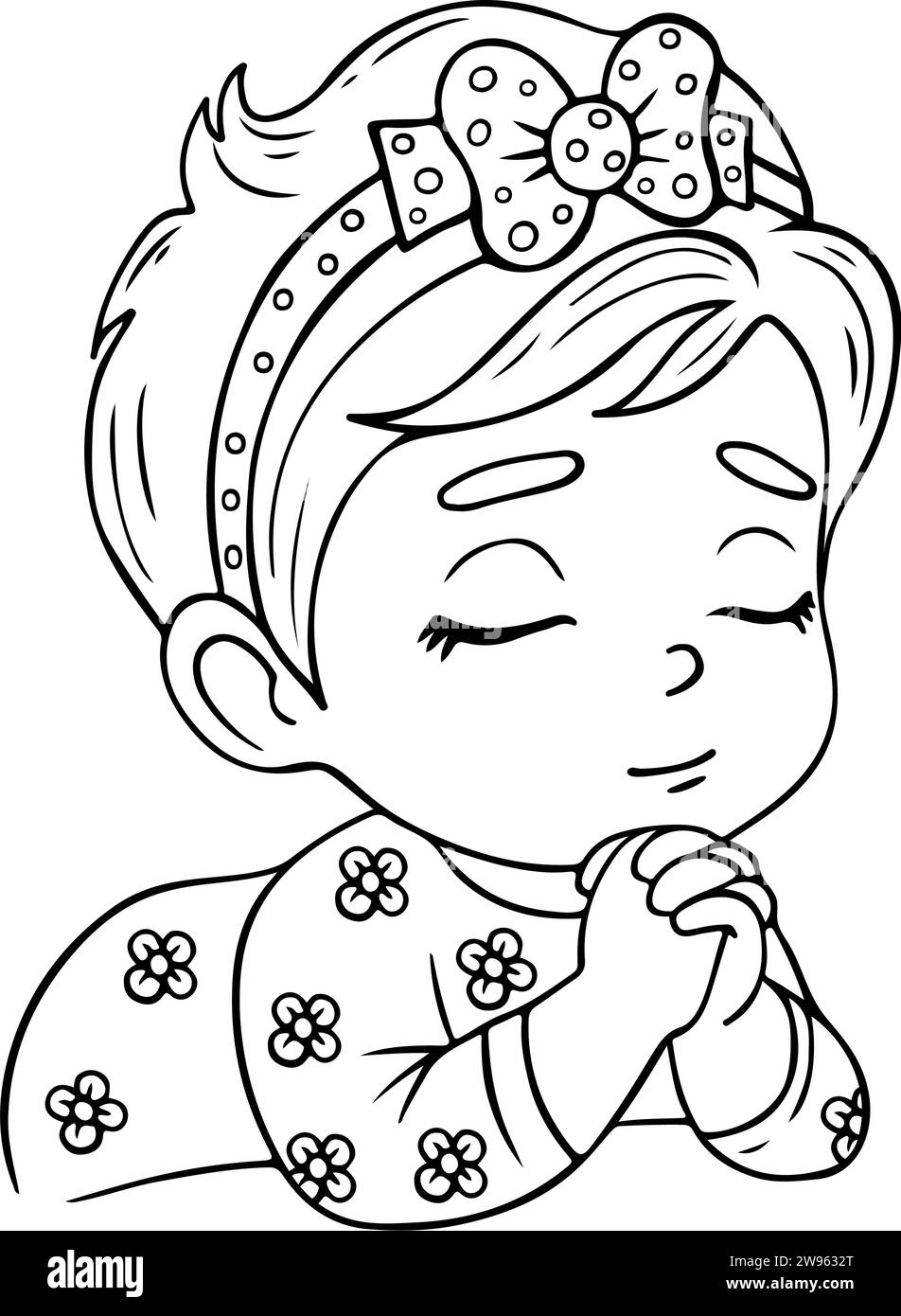 Cute praying little girl. Religious believer child character concept. Vector illustration. Linear hand drawing, coloring book. Kids collection Stock Vector
