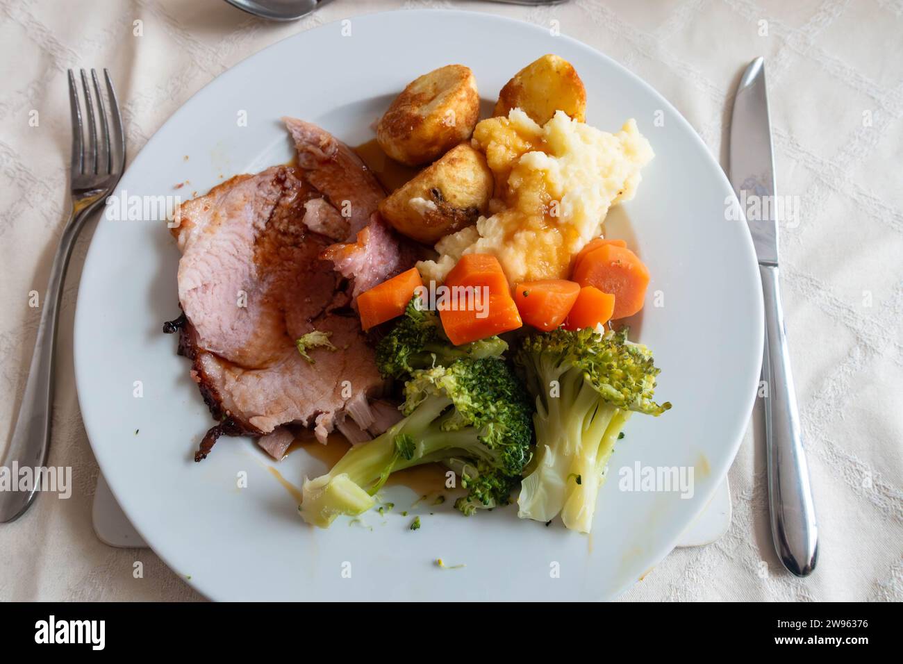 A dinner of home cooked roast gammon with potatoes, broccoli and
