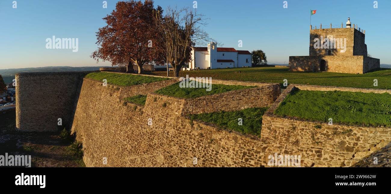 Bastions and ramparts of the Castle of Abrantes, view in sunset light ...