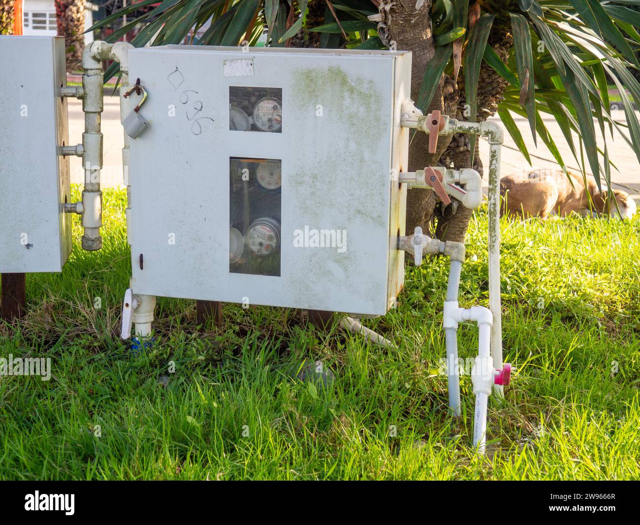 Water meters in the park. Calculating water waste. Utility payment