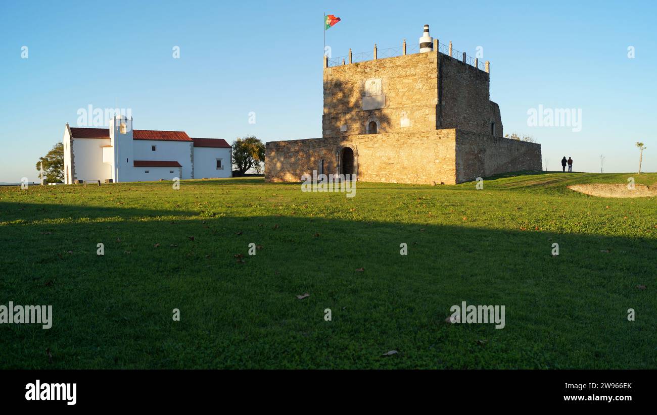 Castle of Abrantes, Keep and Church of Santa Maria do Castelo, within the castle walls, view in sunset light, Abrantes, Portugal Stock Photo