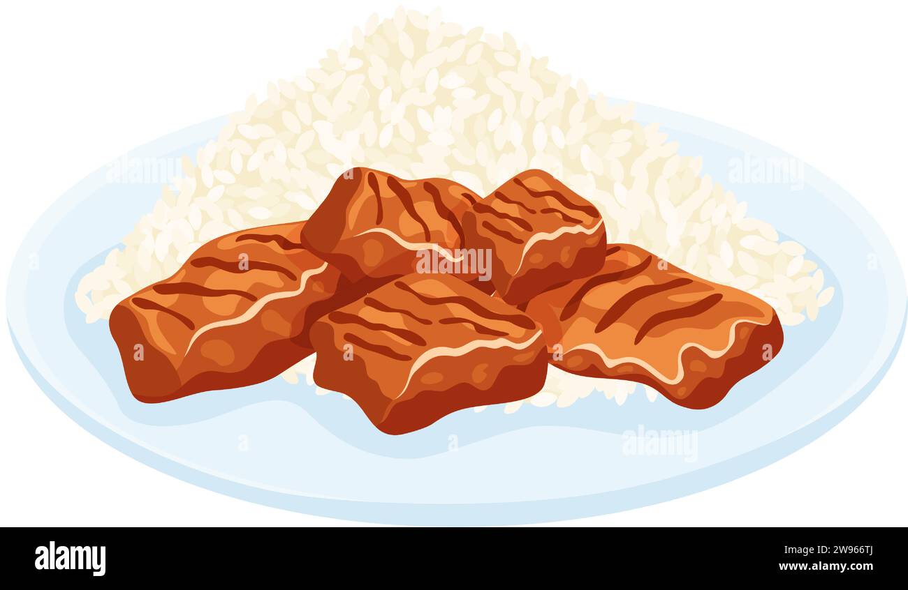 Rice with meat isolated on white background. Rice dish. Healthly food. Vector illustration. Stock Vector