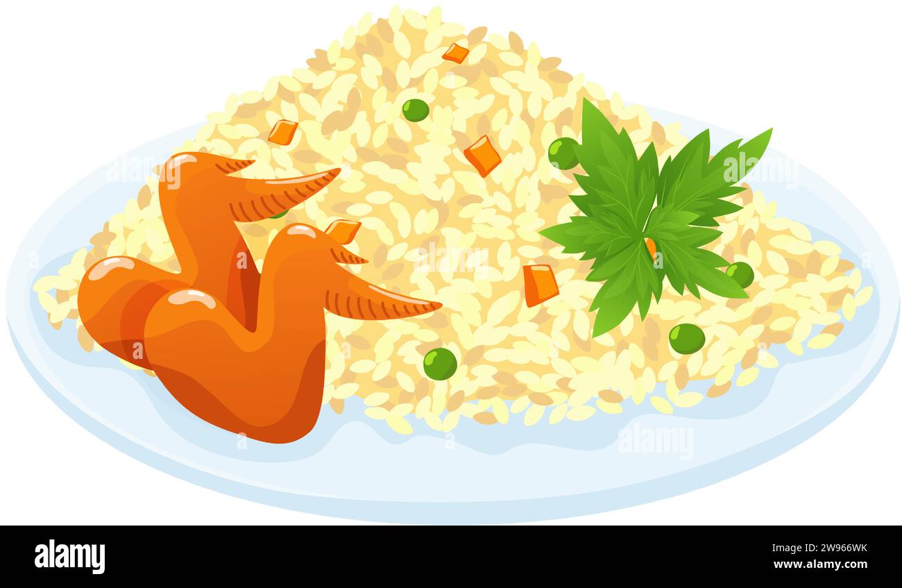 Rice with white chicken meat, herbs and vegetables. Marinated fried ...