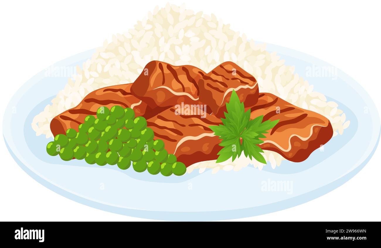 Fried pieces of meat with boiled rice, green peas, parsley, cilantro isolated on white background. Rice dish. Healthly food. Vector illustration. Stock Vector