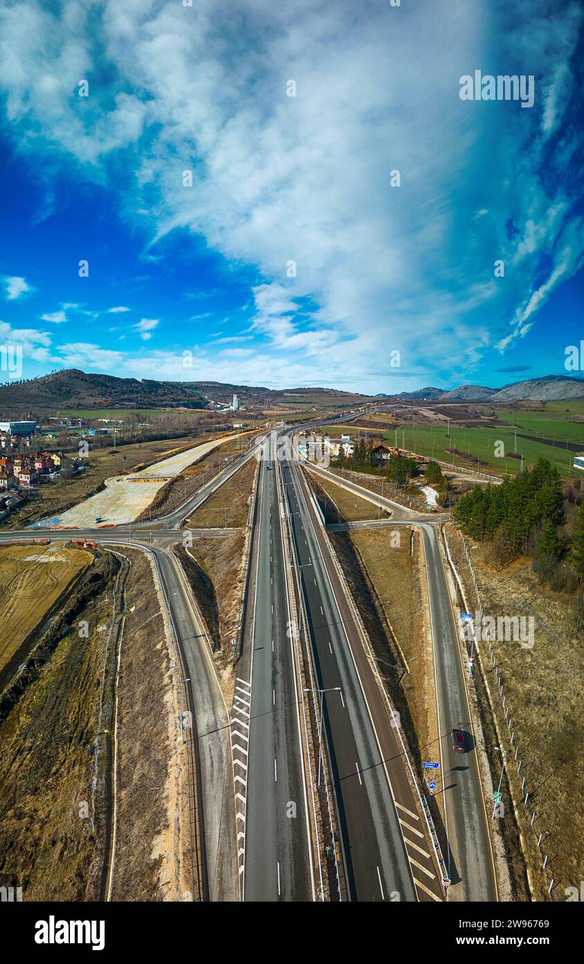 Drone view over the European road boulevard. The road connects the capital of Bulgaria, Sofia, with the border of the Serbian state. Stock Photo