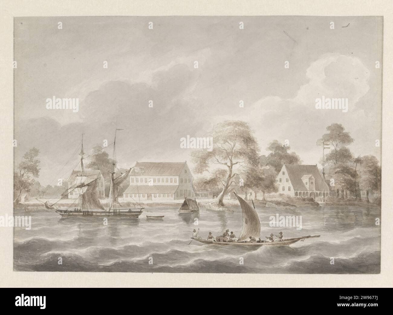 Plantation Jagtlust on the Suriname River, After 1849 - Before 1851 drawing View of a plantation, probably Jagtlust plantation, from the other side of the Suriname river. On the river, a schooner with dingy, a pondo and an open sail sloop with seven men and luggage on board from left to right. For one of the plantation buildings is a landing place with a flagpole with the Dutch flag in top. Paramaribo paper. ink pen / brush plantation Suriname. Plantage chasing lust Stock Photo